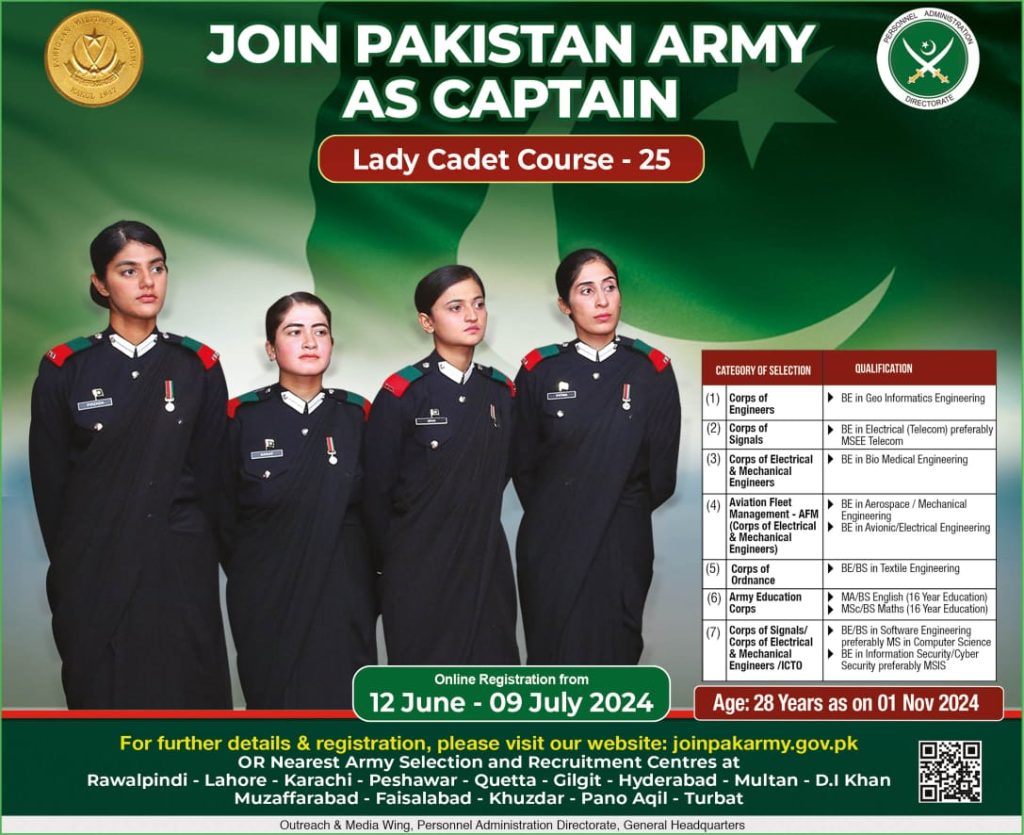 Pak Army Lady Cadet Course Advertisement 2024